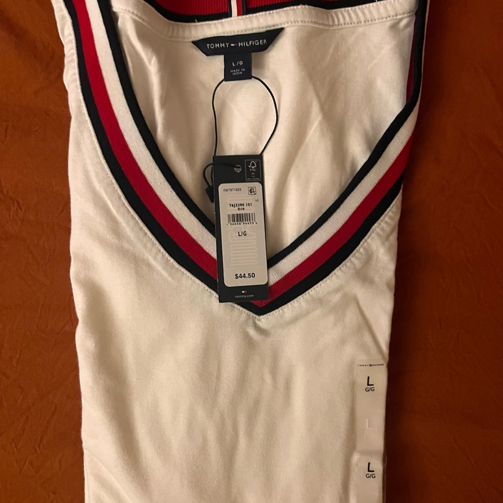 Tommy Hilfiger White V-Neck with Red and Black Trim